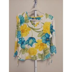 Caribbean Joe Floral V-Neck‎ Top XL Ruched 90s Y2K Tropical Vacation Island